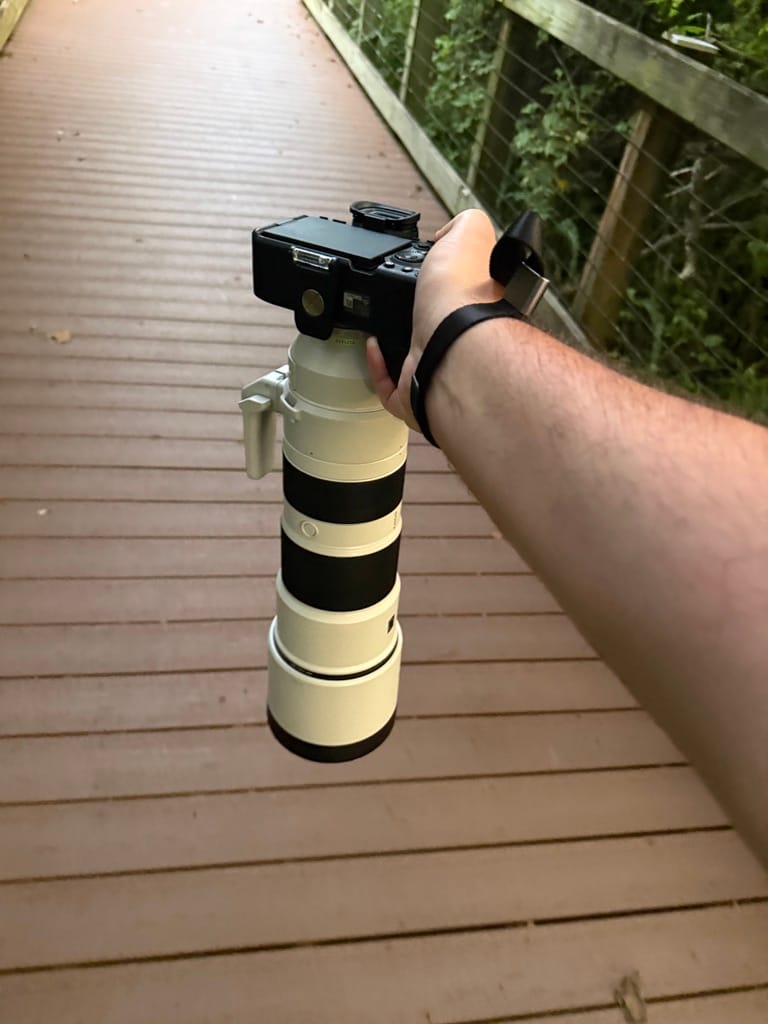 First-person view of a hand holding a black mirrorless camera with a large, heavy white telephoto lens attached. The camera has a black wrist strap tightened around the person's arm, and the entire rig is being held out over a wooden boardwalk path lined with green foliage.